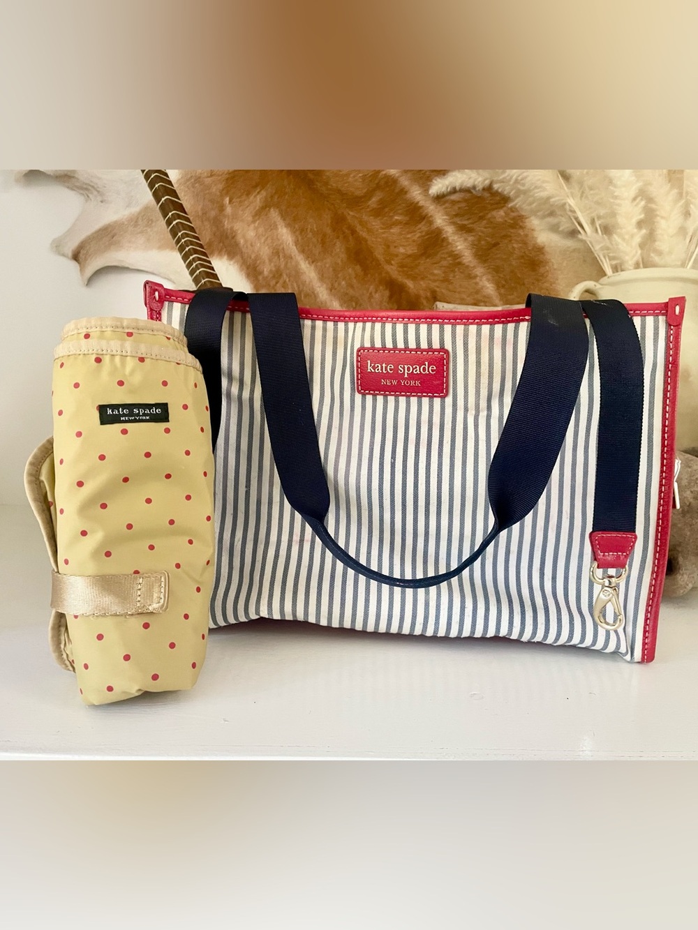 2009 KATE SPADE | Striped Designer Tote Diaper Bag + Matching Changing Pad